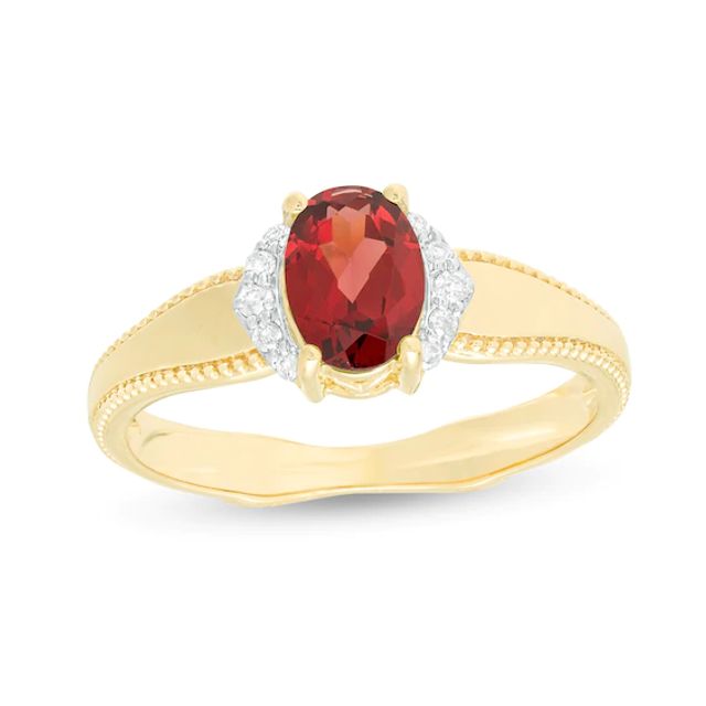 Oval Garnet and 1/20 CT. T.w. Diamond Collar Frame Vintage-Style Ring in 10K Gold