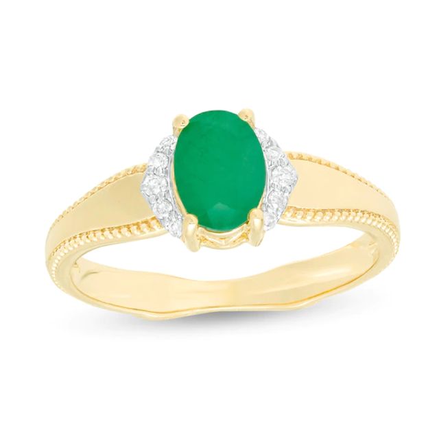 Oval Emerald and 1/20 CT. T.w. Diamond Collar Frame Vintage-Style Ring in 10K Gold