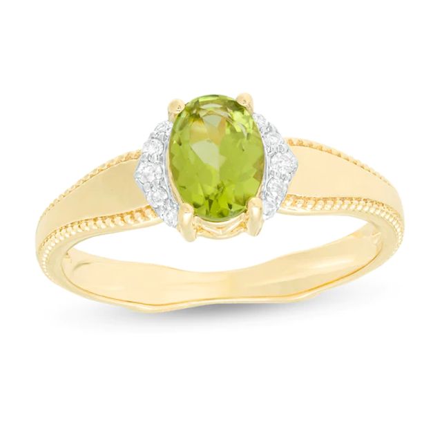 Oval Peridot and 1/20 CT. T.w. Diamond Collar Frame Vintage-Style Ring in 10K Gold