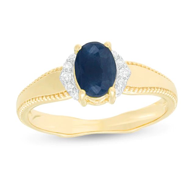 Oval Blue Sapphire and 1/20 CT. T.w. Diamond Collar Frame Vintage-Style Ring in 10K Gold