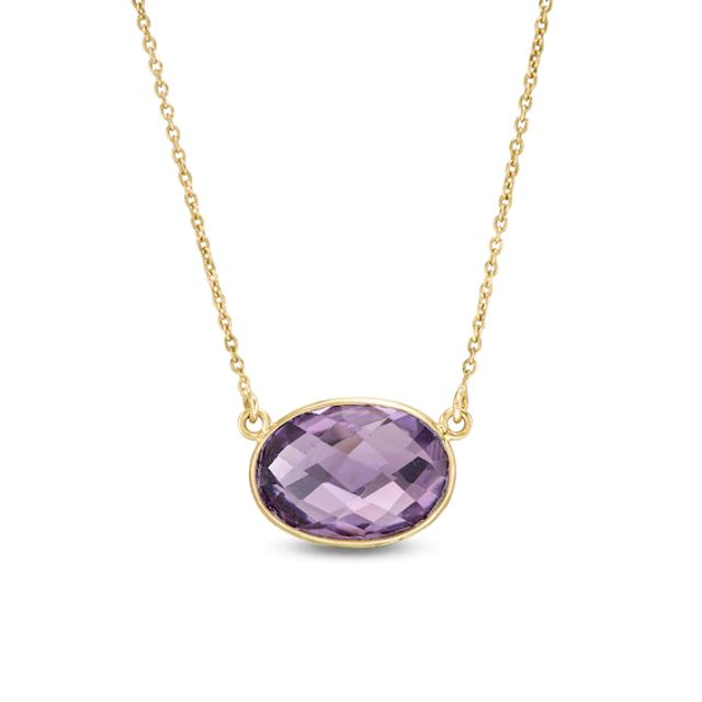 Sideways Faceted Oval Amethyst Necklace in 10K Gold