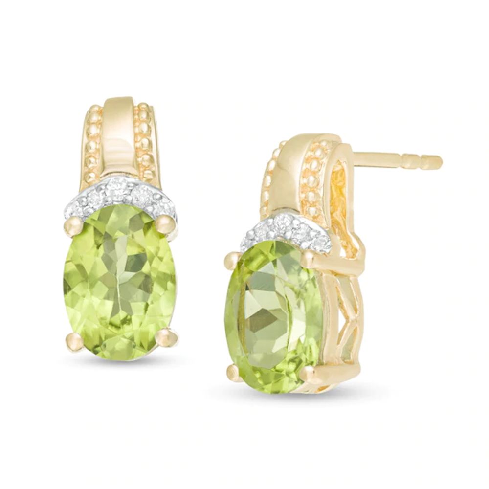 Oval Peridot and 1/20 CT. T.w. Diamond Beaded Drop Earrings in 10K Gold