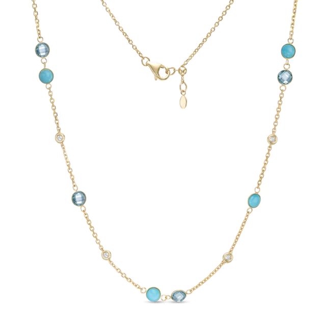 Turquoise, Blue and White Topaz Bezel-Set Station Necklace in 10K Gold