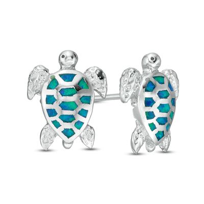 Lab-Created Blue Opal Sea Turtle Stud Earrings in Sterling Silver