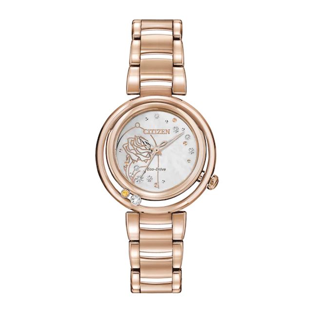 Ladies' Citizen Eco-DriveÂ® Disney Belle Diamond Accent Rose-Tone Watch with Mother-of-Pearl Dial (Model: Em0823-58D)