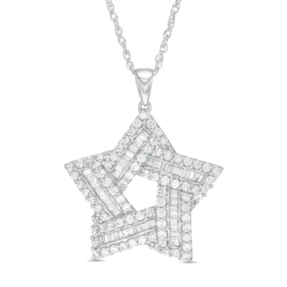 1-1/2 CT. T.w. Baguette and Round Diamond Star Pendant in 10K White Gold