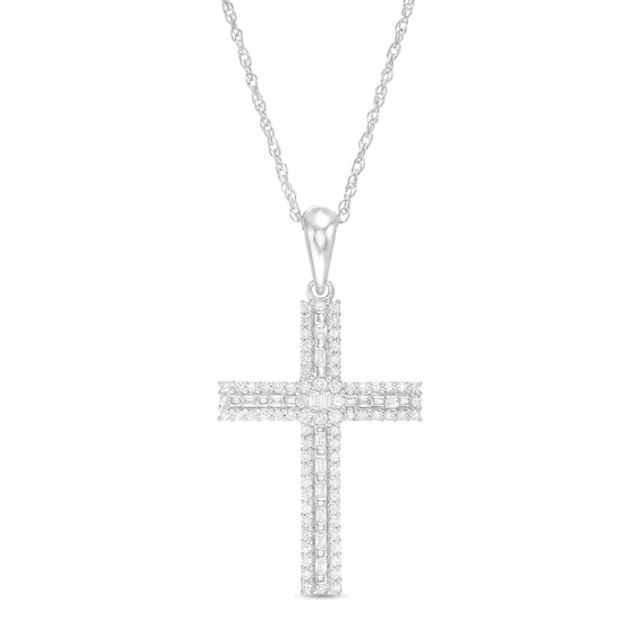 1/2 CT. T.w. Baguette and Round Diamond Cross Pendant in 14K White Gold