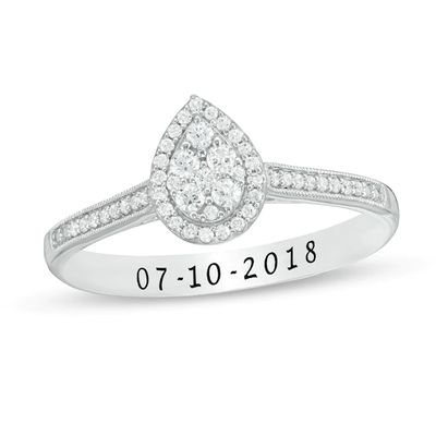 1/5 CT. T.w. Pear-Shaped Composite Diamond Frame Engravable Vintage-Style Promise Ring in 10K White Gold (1 Line)