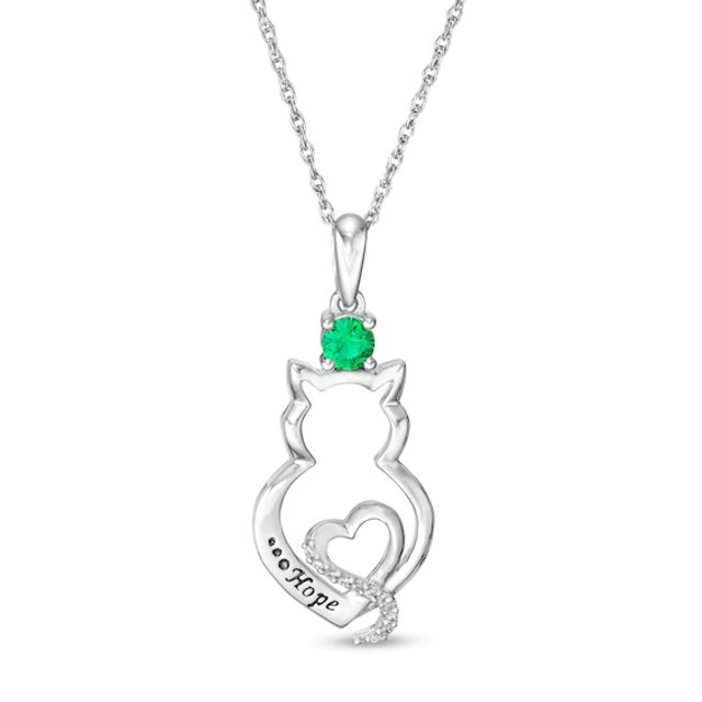 Simulated Birthstone and Diamond Accent Engravable Cat Outline and Heart Pendant in Sterling Silver (1 Stone and Line)