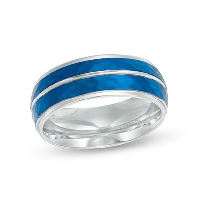 Men's 8.0mm Hammered Double Stripe Wedding Band White and Blue IP Stainless Steel