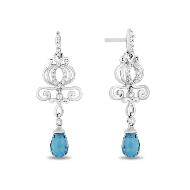 Enchanted Disney Cinderella Briolette London Blue Topaz and 1/10 CT. T.w. Diamond Drop Earrings in Sterling Silver