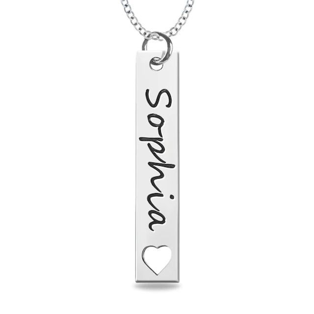 Engravable Cut-Out Heart Your Own Handwriting Vertical Bar Pendant in Sterling Silver (1 Image and Line)