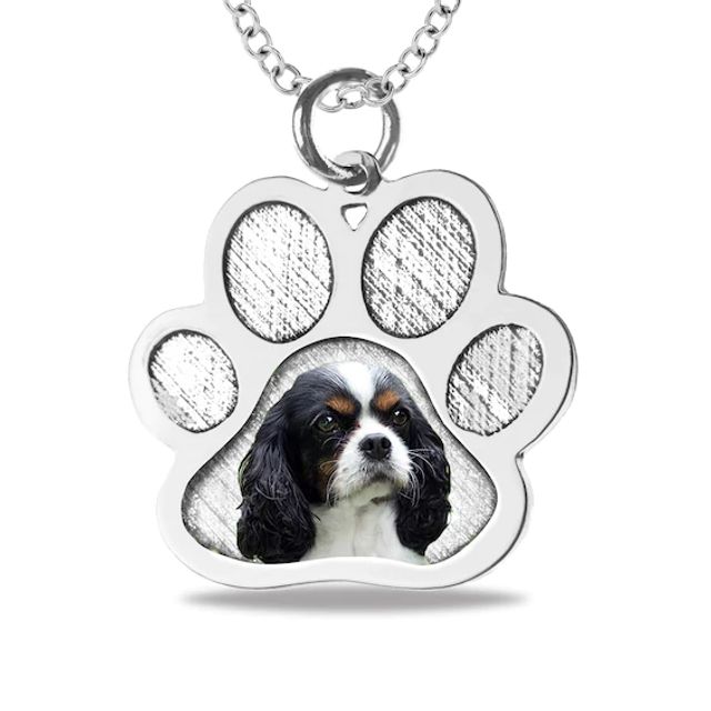 Engravable Photo Textured Paw Print Pet Pendant in Sterling Silver (1 Image and 2 Lines)