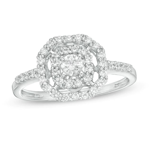 1/2 CT. T.w. Diamond Double Octagonal Frame Engagement Ring in 14K White Gold