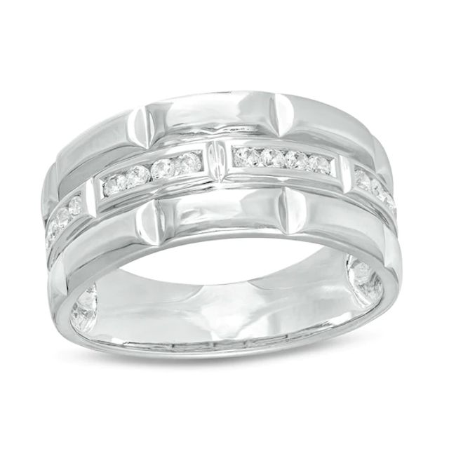 Men's 1/4 CT. T.w. Diamond Trio Station Brick Pattern Wedding Band in 10K White Gold