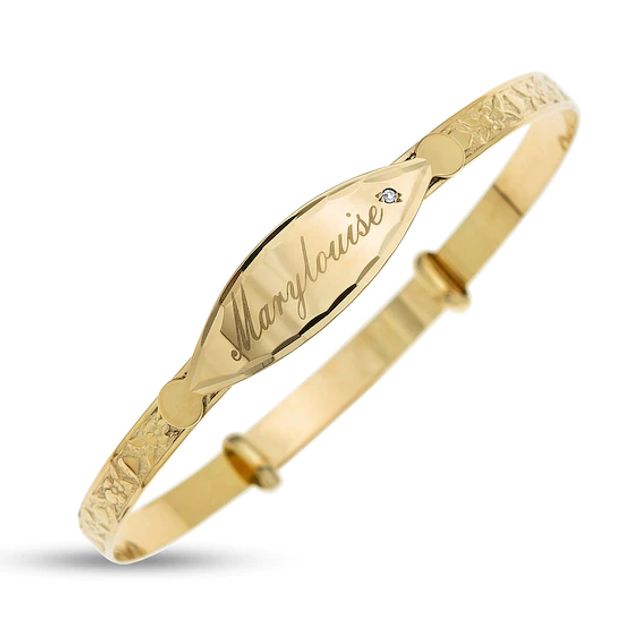 First Diamond Accent Floral Textured Engravable Script Name ID Bangle in 10K Gold (1 Line) - 5.75"