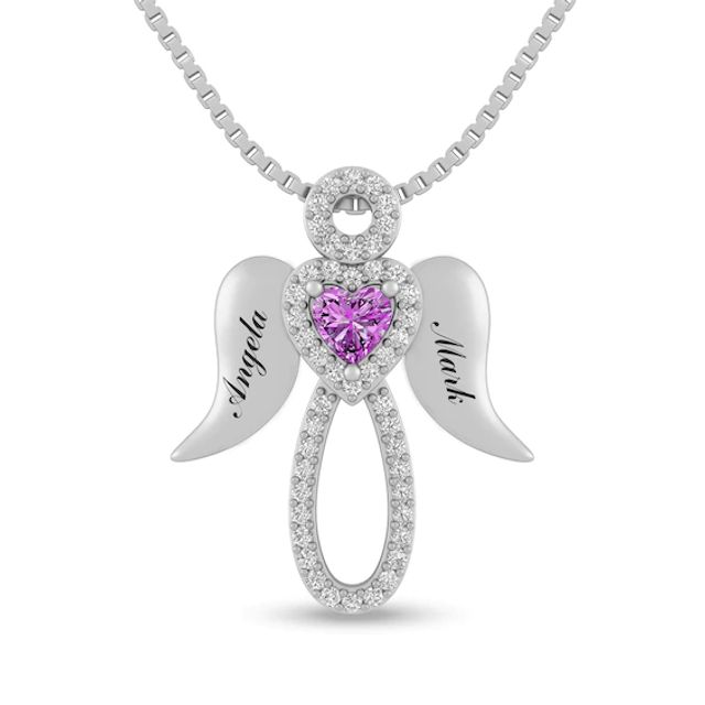 Couple's 4.0mm Heart-Shaped Birthstone Engravable Angel Pendant (1 Stone and 2 Lines)