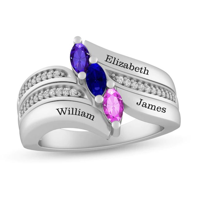 Mother's Marquise Birthstone Slant and 1/20 CT. T.w. Diamond Engravable Triple Row Bypass Ring (2-3 Stones and Lines)