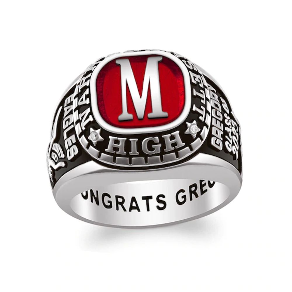 Cushion-Shaped Gemstone and Diamond Accent Engravable High School Class Ring (1 Stone)