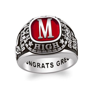Cushion-Shaped Gemstone and Diamond Accent Engravable High School Class Ring (1 Stone)
