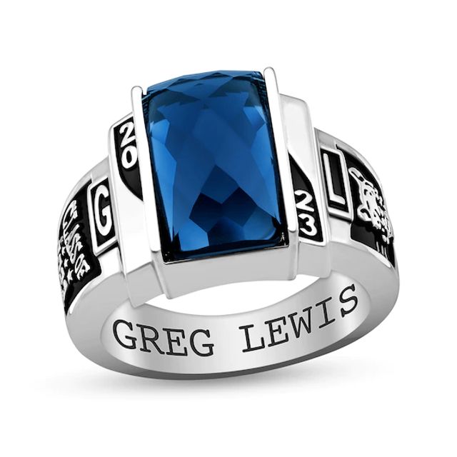 Men's Faceted Rectangular Simulated Birthstone Engravable High School Class Ring (1 Stone)