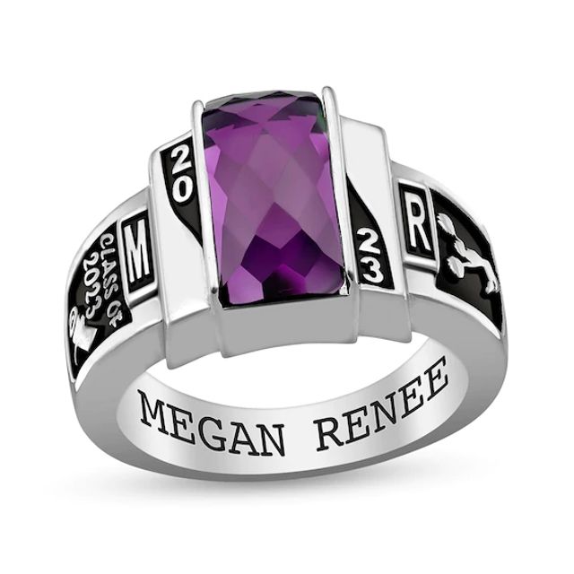 Ladies' Faceted Rectangular Simulated Birthstone Engravable High School Class Ring (1 Stone)