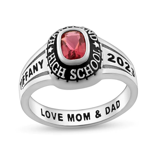 Ladies' Cushion-Cut Simulated Birthstone Engravable Triple Row Split Shank High School Class Ring (1 Stone)