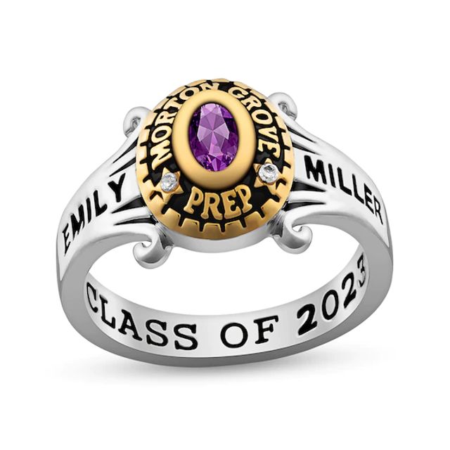 Ladies' Oval Birthstone and Diamond Accent Scroll Shank Class Ring in Sterling Silver and 18K Gold Plate (1 Stone)