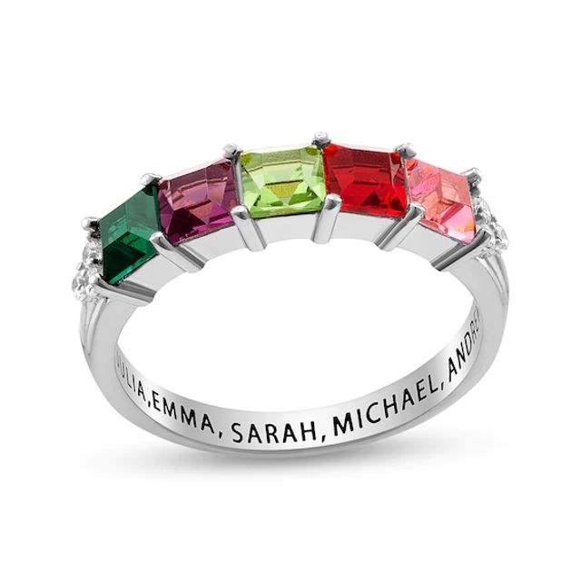 Mother's 4.0mm Princess-Cut Simulated Birthstone and 1/20 CT. T.w. Diamond Tri-Sides Engravable Ring (2-5 Stones)