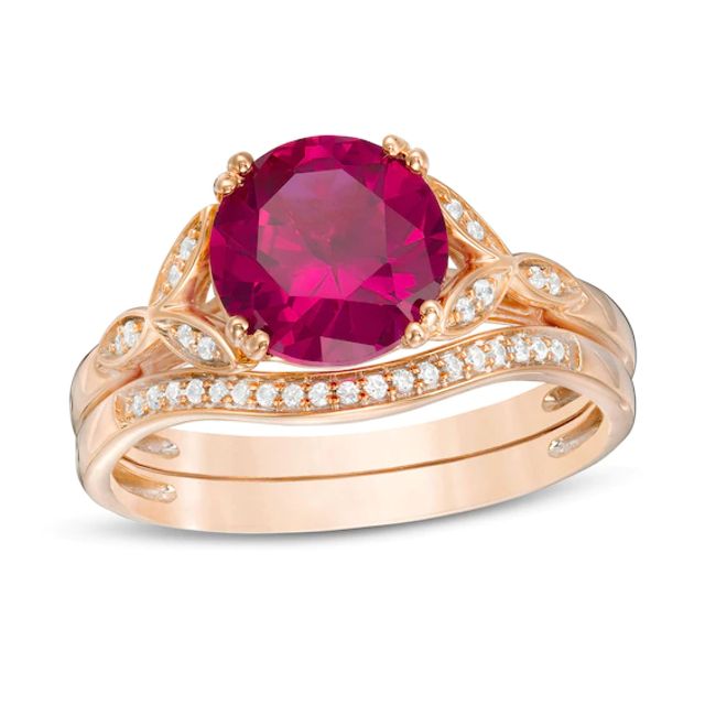 8.0mm Lab-Created Ruby and 1/10 CT. T.w. Diamond Leaf Sides Bridal Set in 10K Rose Gold