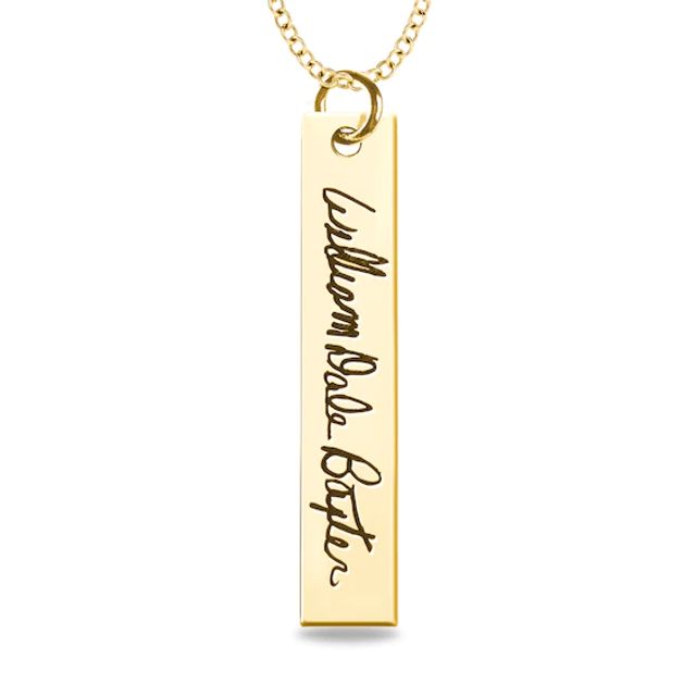 Engravable Your Own Handwriting Vertical Bar Pendant in 10K White, Yellow or Rose Gold (1 Image and Line)