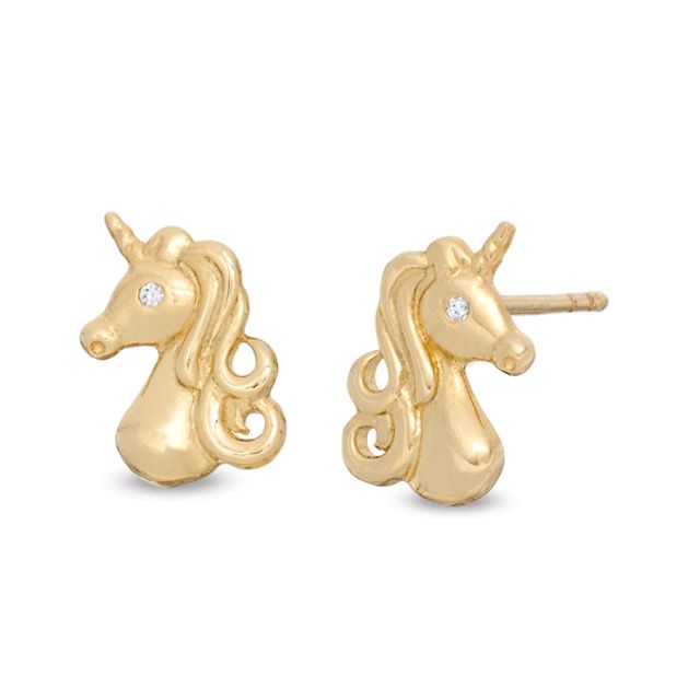 Child's Cubic Zirconia Mini Unicorn Stud Earrings in 14K Gold
