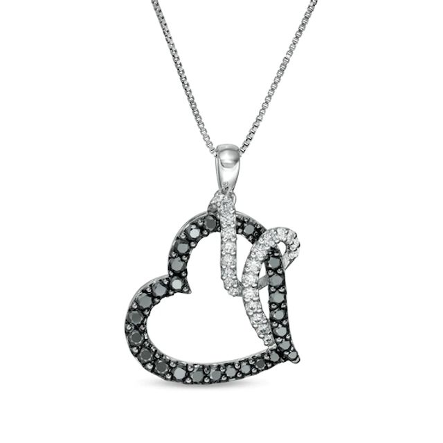 1 CT. T.w. Enhanced Black and White Diamond Ribbon Tilted Heart Pendant in 10K White Gold