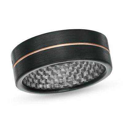 Men's 8.0mm Grooved Wedding Band in Tantalum with Black and Rose IP