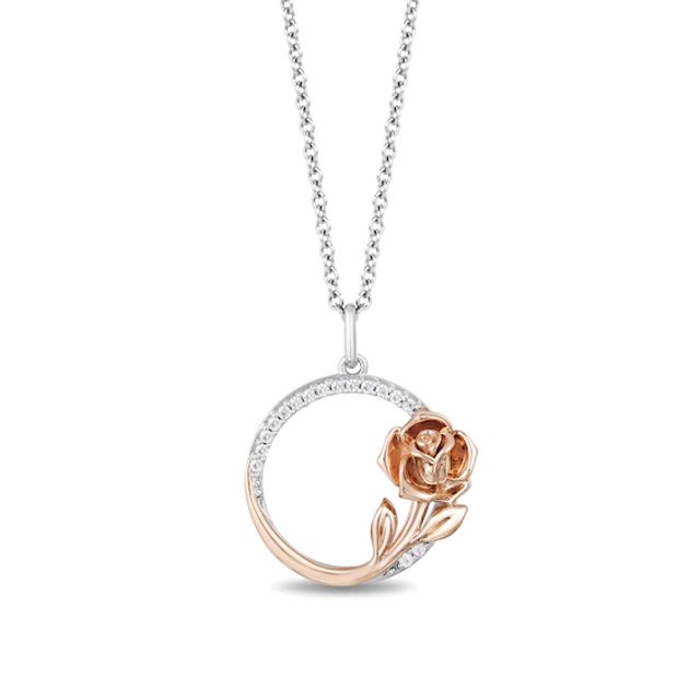 Enchanted Disney Belle 1/10 CT. T.w. Diamond Rose and Circle Pendant in Sterling Silver and 10K Rose Gold - 19"