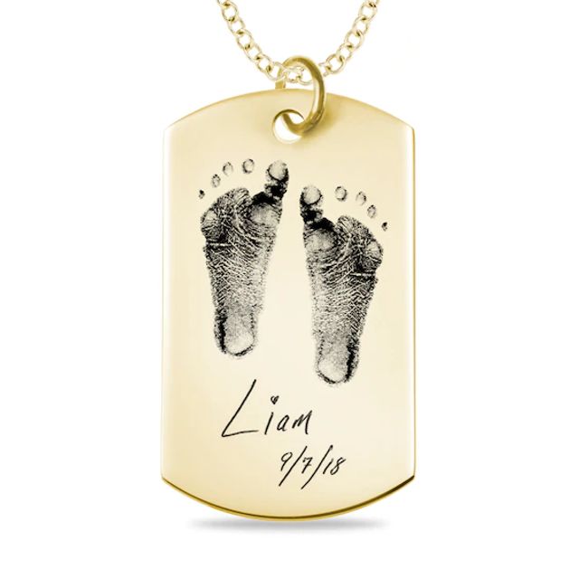 Engravable Print and Your Own Handwriting Dog Tag Pendant in 14K White, Yellow or Rose Gold (1 Image and 4 Lines)