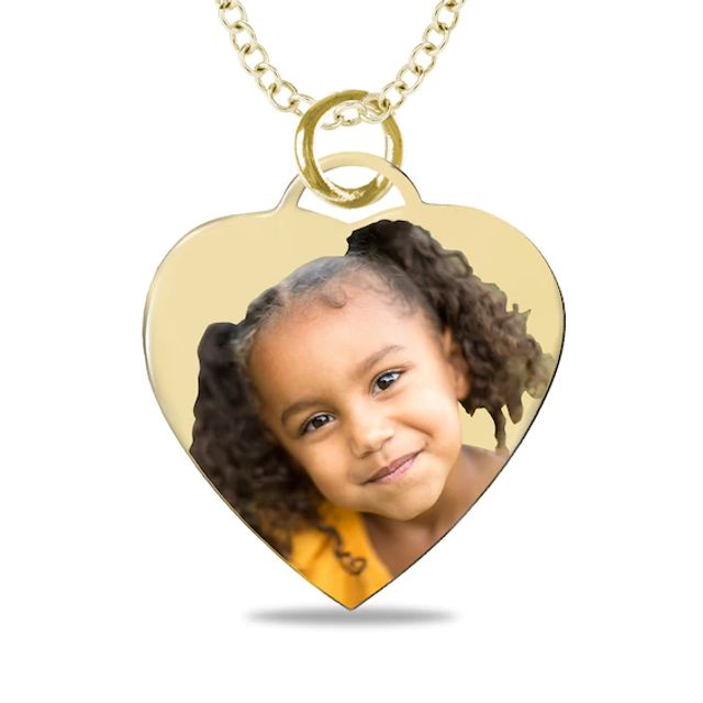 Small Engravable Photo Heart Pendant in 14K White, Yellow or Rose Gold (1 Image and 2 Lines)