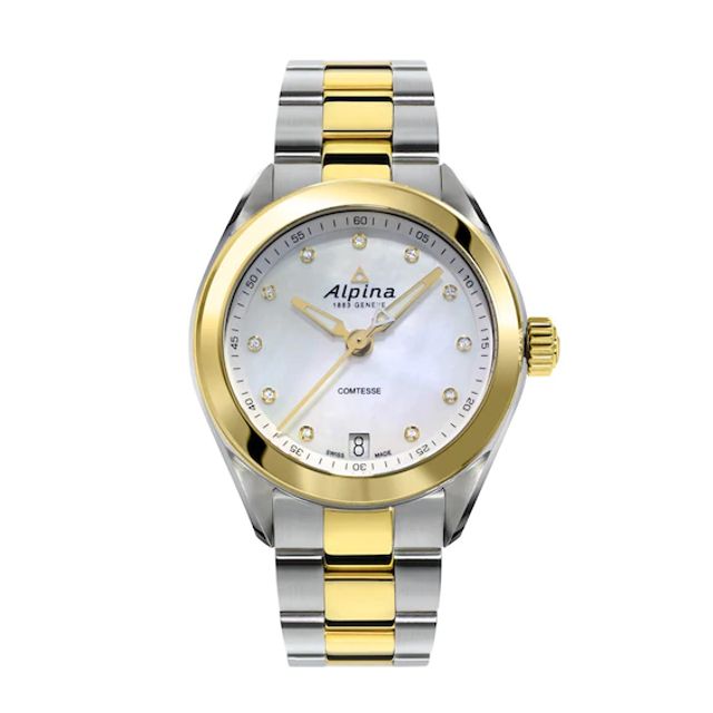 Ladies' Alpina Comtesse Diamond Accent 18K Gold Plate Two-Tone Watch with Mother-of-Pearl Dial (Model: Al-240Mpwd2C3B)