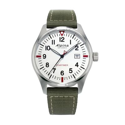 Men's Alpina Startimer Pilot Strap Watch with White Dial (Model: Al-240S4S6)