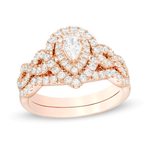 1 CT. T.w. Pear-Shaped Diamond Double Frame Twist Shank Bridal Set in 14K Rose Gold