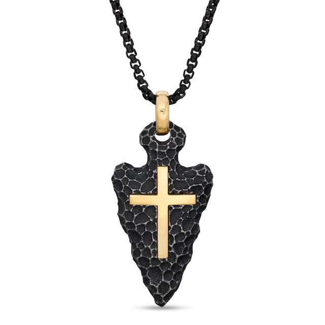 Men's Hammered Arrowhead and Cross Pendant in Two-Tone Stainless Steel - 24"