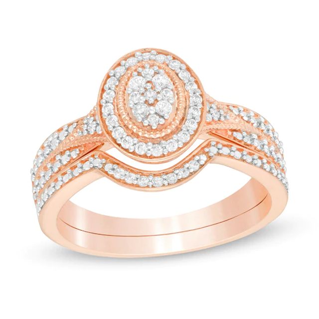 1/5 CT. T.w. Composite Diamond Oval Frame Vintage-Style Bridal Set in Sterling Silver with 14K Rose Gold Plate