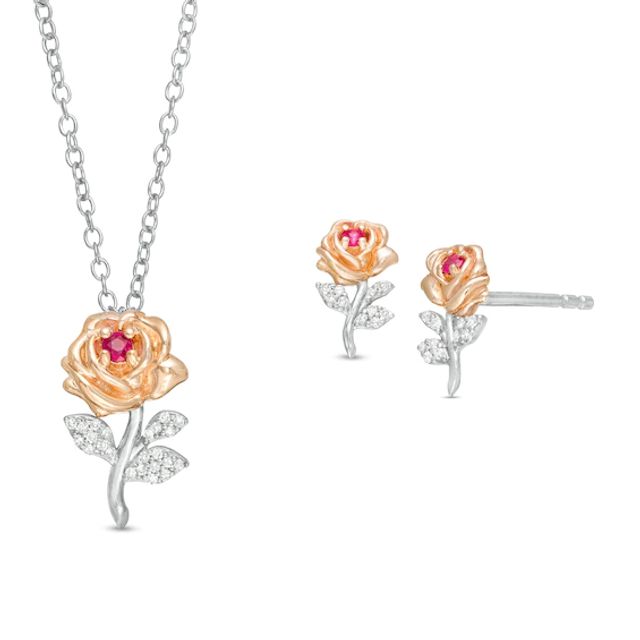 Child's Disney Twinkle Belle Ruby and 1/20 CT. T.w. Diamond Rose Pendant and Stud Earrings in Two-Tone Sterling Silver