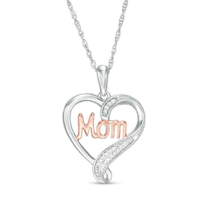 1/20 CT. T.w. Diamond and Cursive Mom Loop Heart Pendant in Sterling Silver and 10K Rose Gold