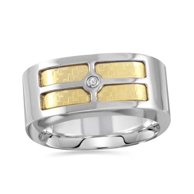 Men's Diamond Accent Quad Basket Weave Inlay Band in Stainless Steel and 18K Gold - Size 10