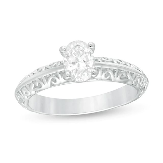 3/4 CT. Certified Oval Diamond Solitaire Filigree Engagement Ring in 14K White Gold (I/Si2)