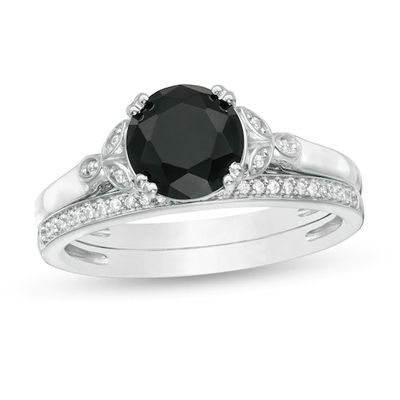 8.0mm Black Sapphire and 1/10 CT. T.w. Diamond Leaf Sides Bridal Set in 10K White Gold