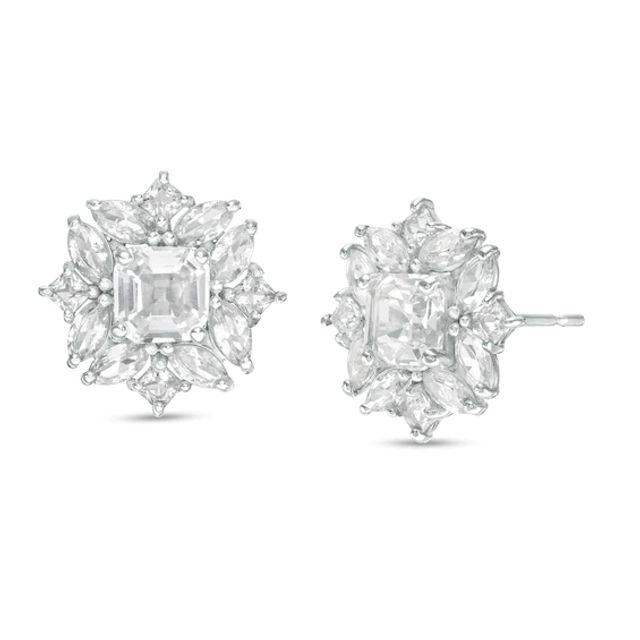 4.0mm Princess-Cut Lab-Created White Sapphire Ornate Frame Stud Earrings in 10K White Gold