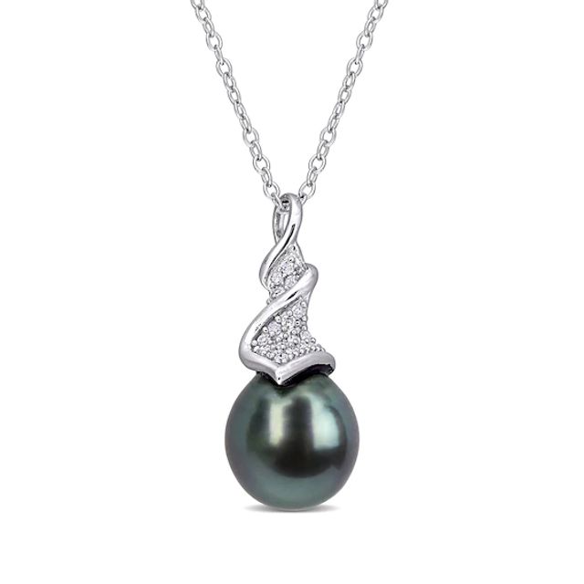 9.0-9.5mm Baroque Black Tahitian Cultured Pearl and 1/10 CT. T.w. Diamond Swirl Pendant in Sterling Silver