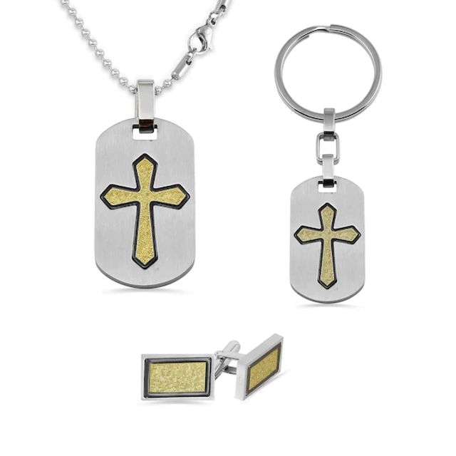 Men's Diamond-Cut Cross Dog Tag Pendant, Key Ring and Cuff Links Set in Tri-Tone Stainless Steel